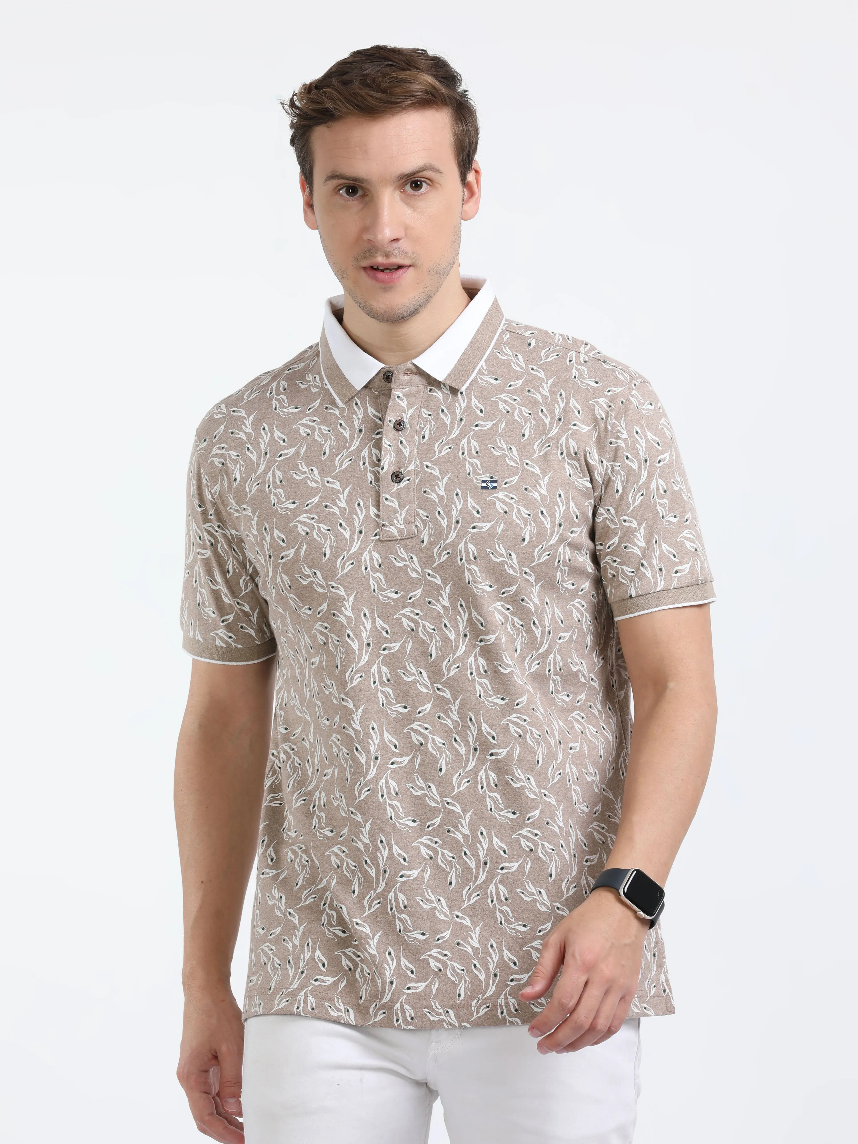 Classic Polo Mens Cotton Half Sleeves Floral Slim Fit Polo Neck Cream Color T-Shirt | Prm - 792 A Sf P
