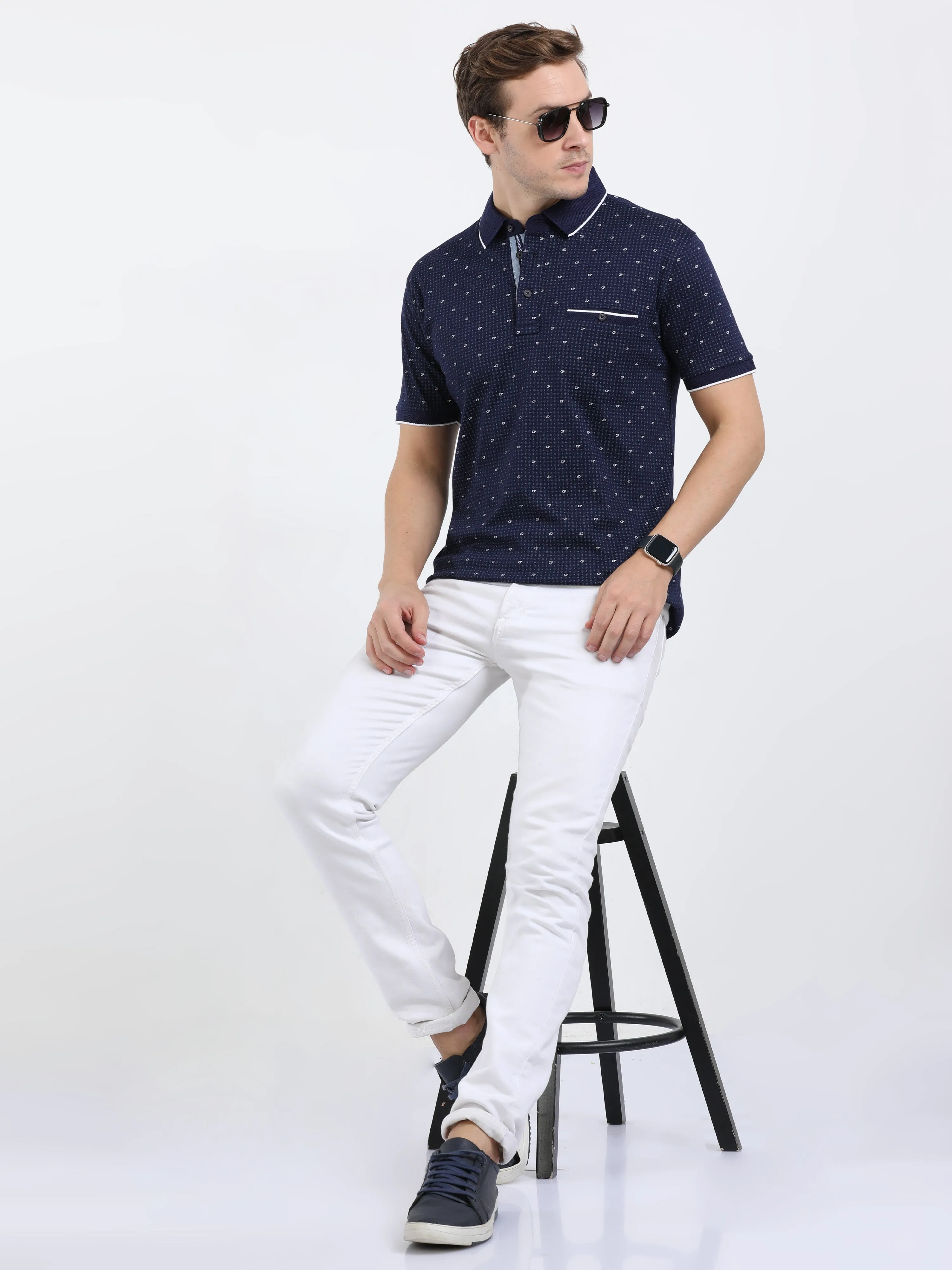 Classic Polo Mens Cotton Half Sleeves Printed Slim Fit Polo Neck Navy Color T-Shirt | Prm - 787 A Sf P