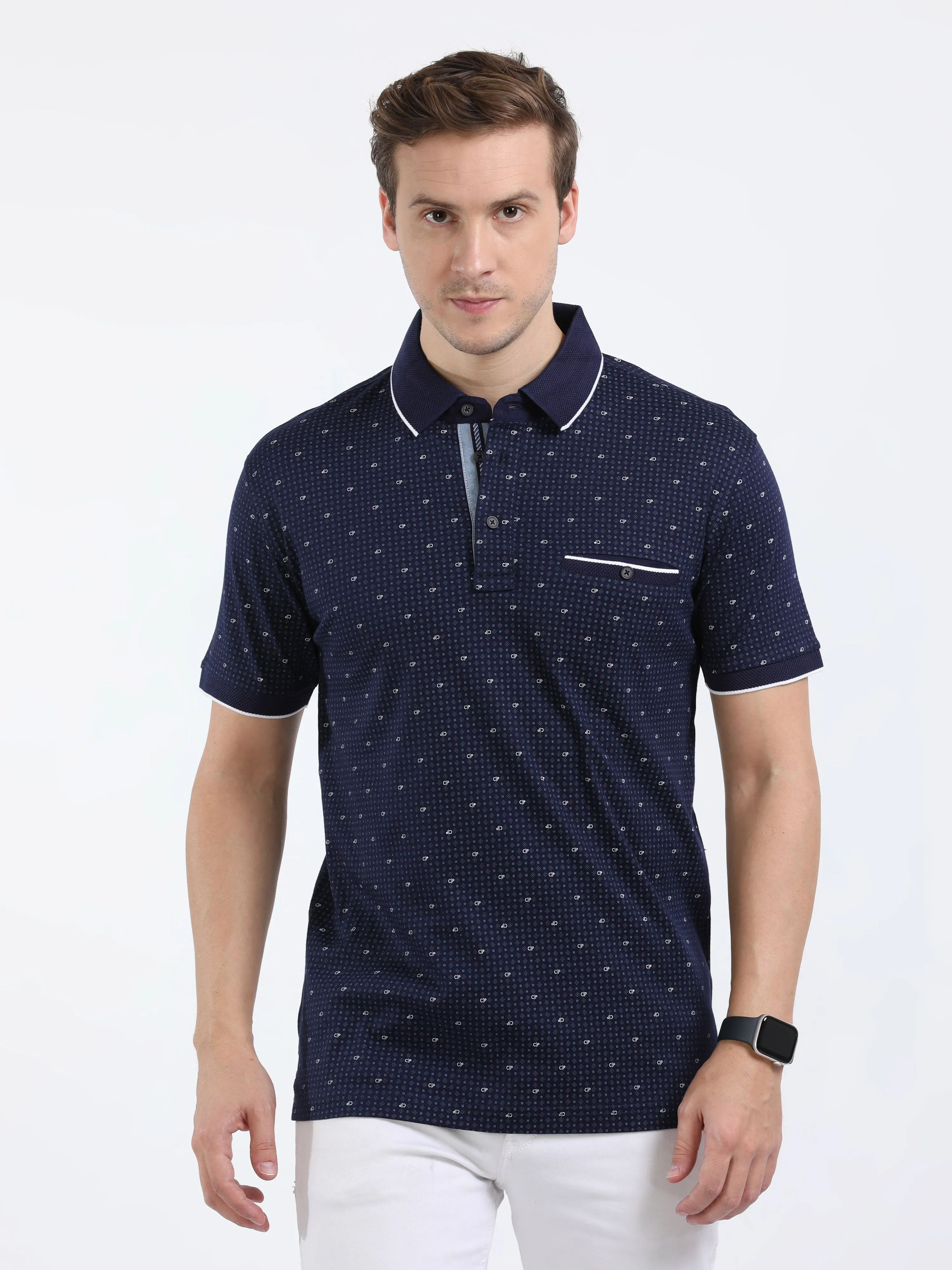 Classic Polo Mens Cotton Half Sleeves Printed Slim Fit Polo Neck Navy Color T-Shirt | Prm - 787 A Sf P