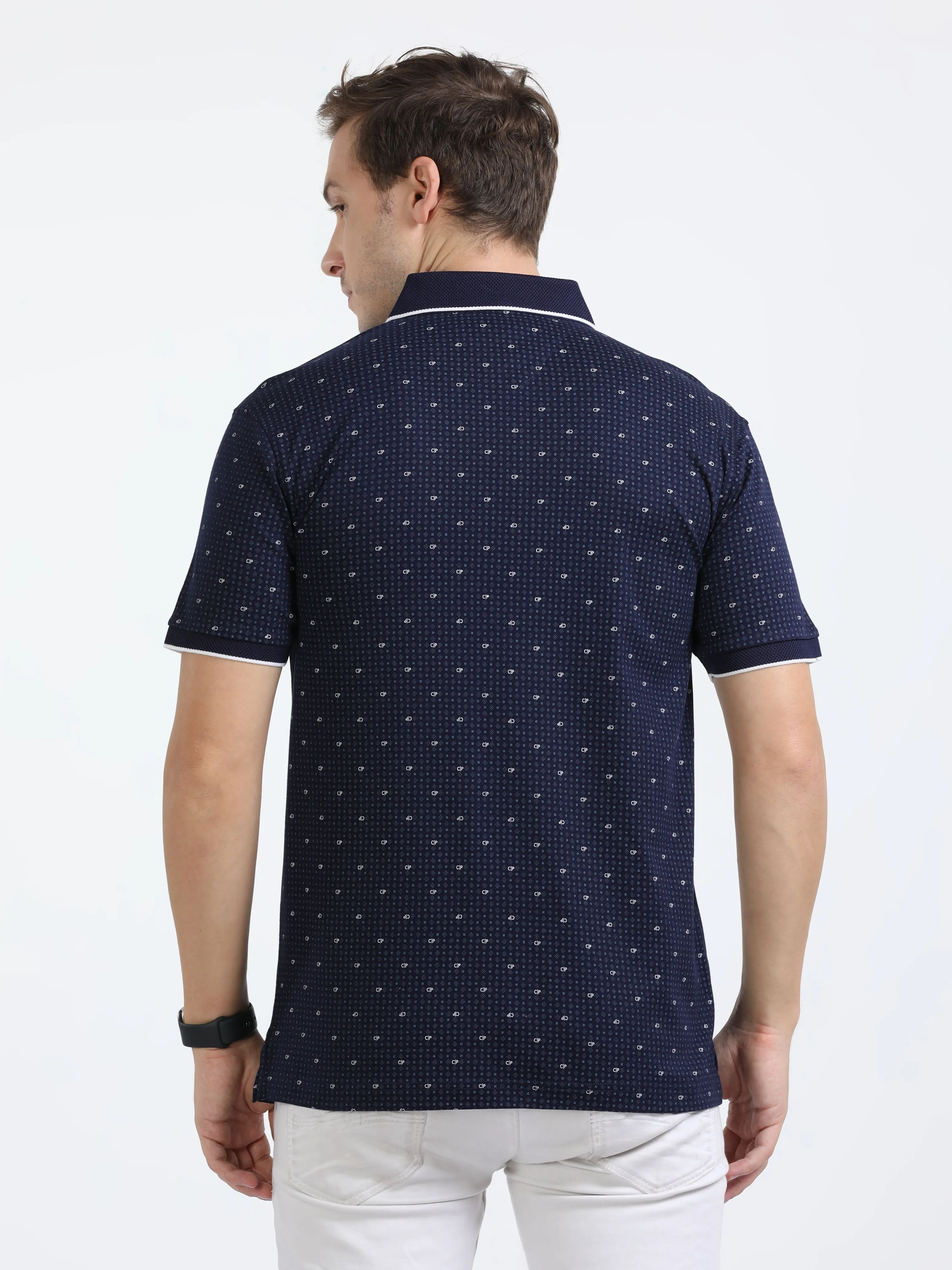 Classic Polo Mens Cotton Half Sleeves Printed Slim Fit Polo Neck Navy Color T-Shirt | Prm - 787 A Sf P