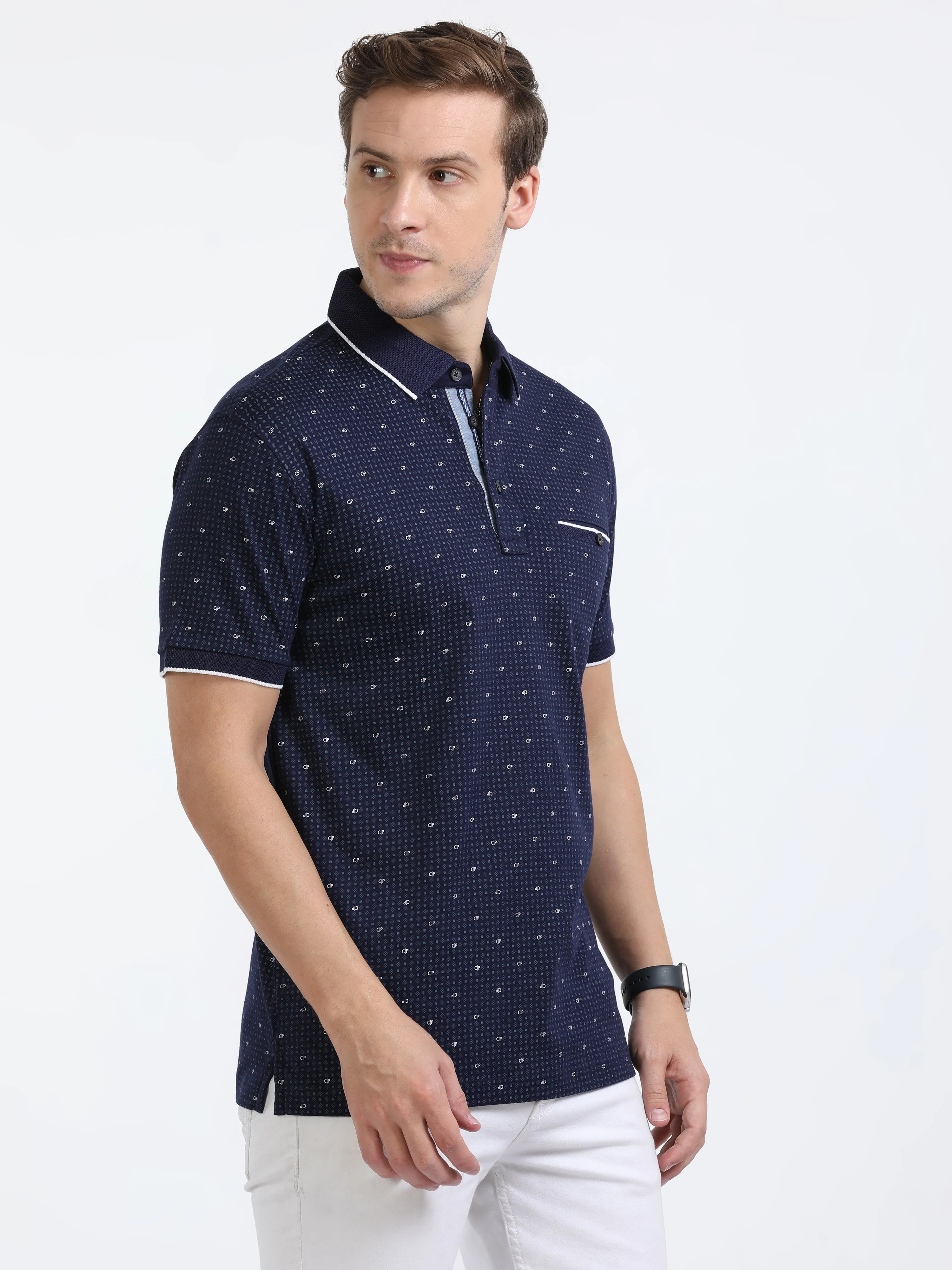 Classic Polo Mens Cotton Half Sleeves Printed Slim Fit Polo Neck Navy Color T-Shirt | Prm - 787 A Sf P
