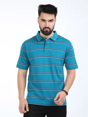Classic Polo Mens Cotton Half Sleeves Striped Authentic Fit Polo Neck Blue Color T-Shirt | Ap - 100 A Af P