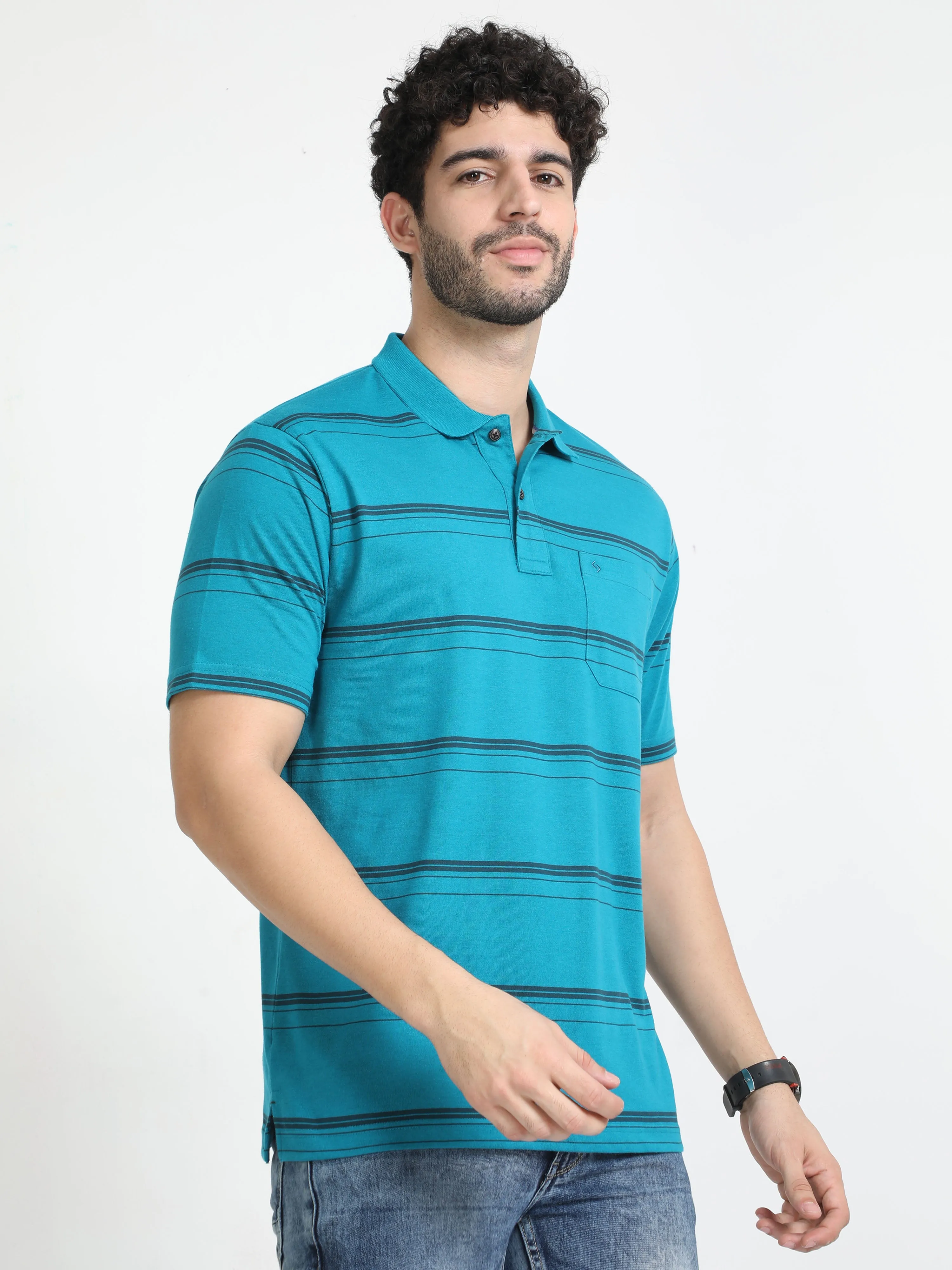 Classic Polo Mens Cotton Half Sleeves Striped Authentic Fit Polo Neck Blue Color T-Shirt | Avon - 539 A Af P