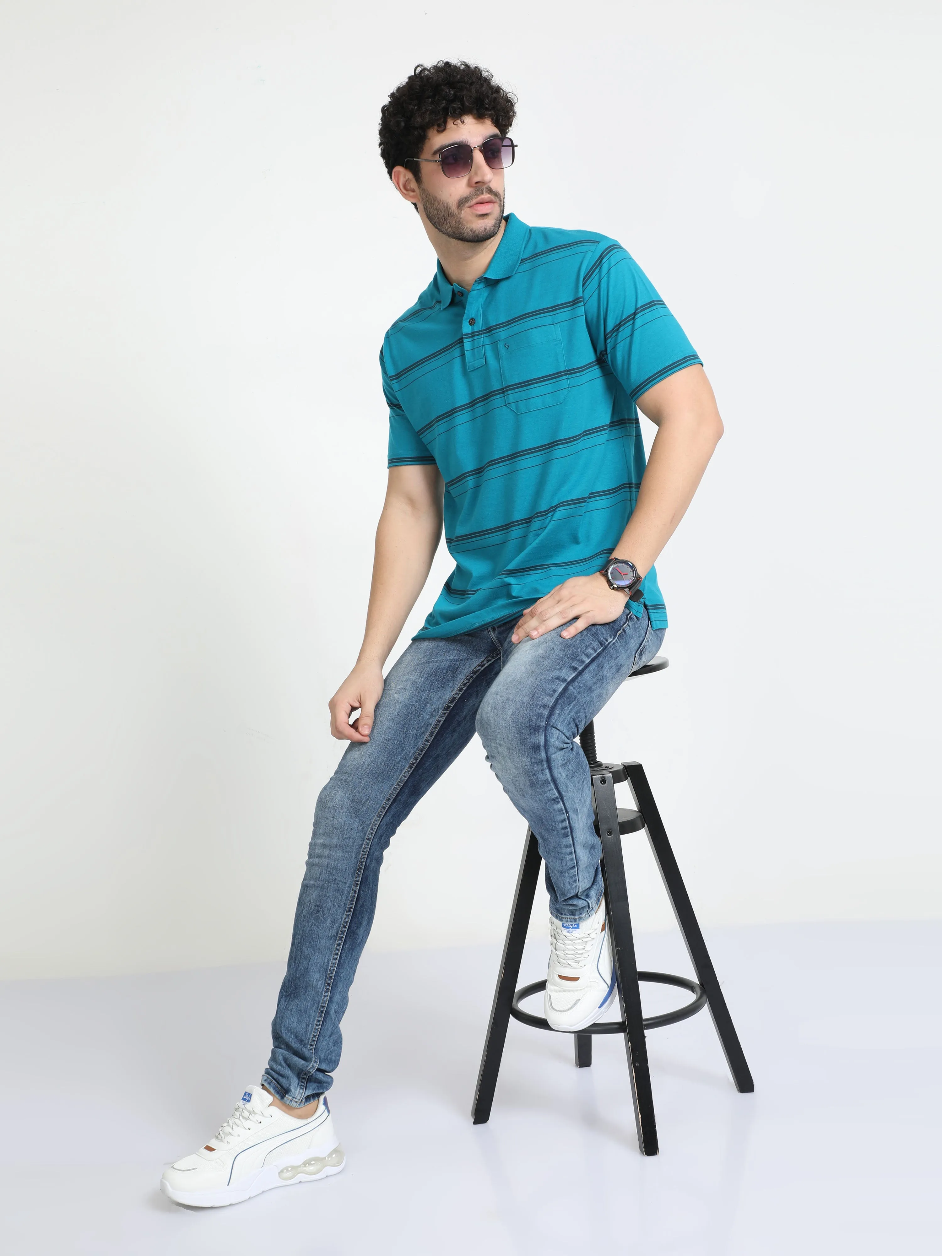 Classic Polo Mens Cotton Half Sleeves Striped Authentic Fit Polo Neck Blue Color T-Shirt | Avon - 539 A Af P
