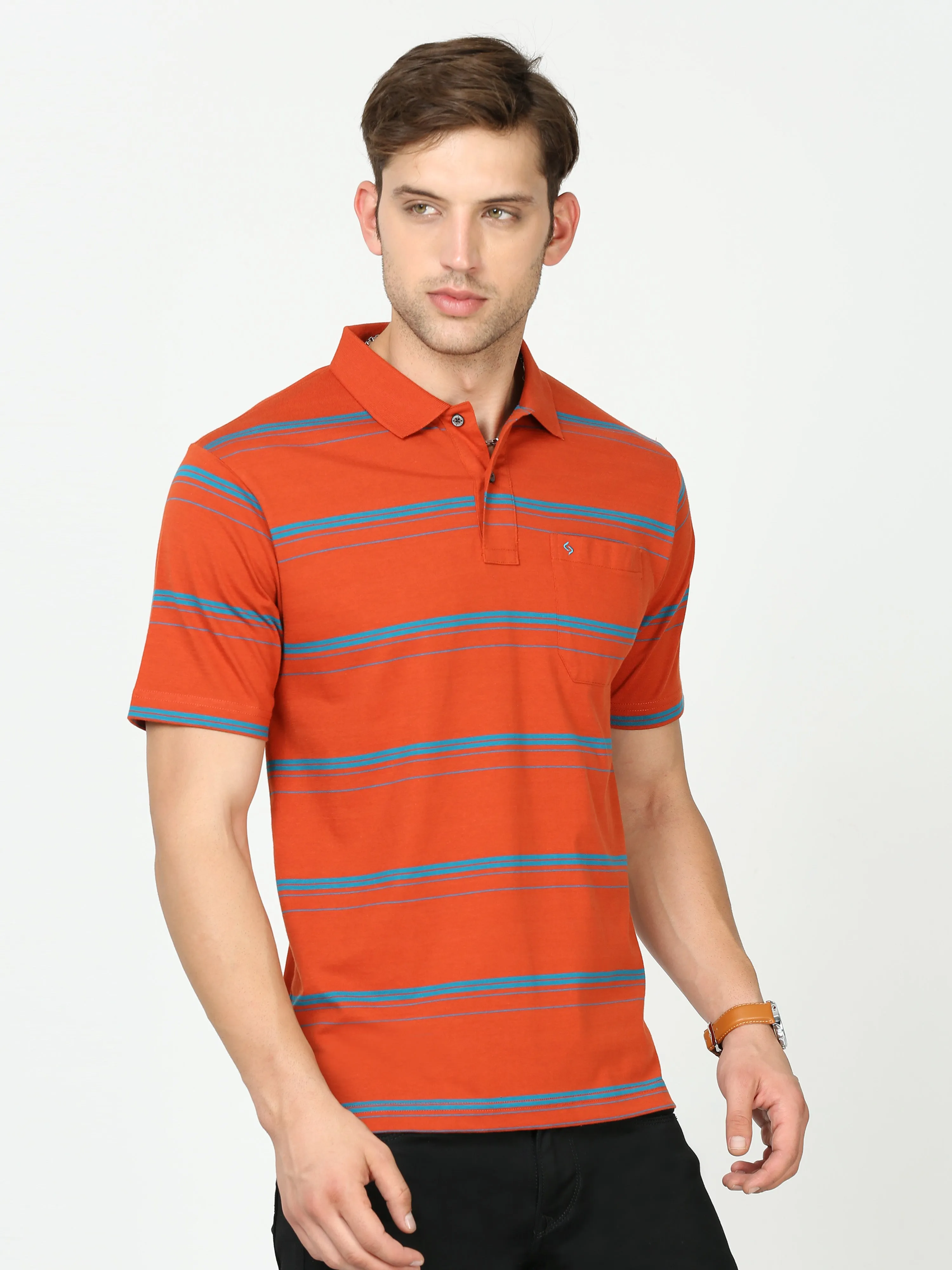 Classic Polo Mens Cotton Half Sleeves Striped Authentic Fit Polo Neck Red Color T-Shirt | Avon - 539 B Af P