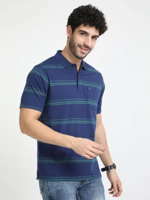 Classic Polo Mens Cotton Half Sleeves Striped Authentic Fit Polo Neck Royal Blue Color T-Shirt | Avon - 540 A Af P