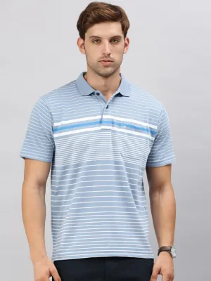 Classic Polo Men's Half Sleeve Blue/White Polo Neck Authentic Fit Striped T-Shirt | AVON - 584 A AF P