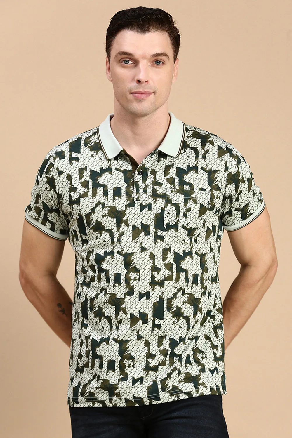 Classic Polo Men's Half Sleeve Green Polo Neck Slim Fit All Over Print T-Shirt | BELLO - 307 B SF P