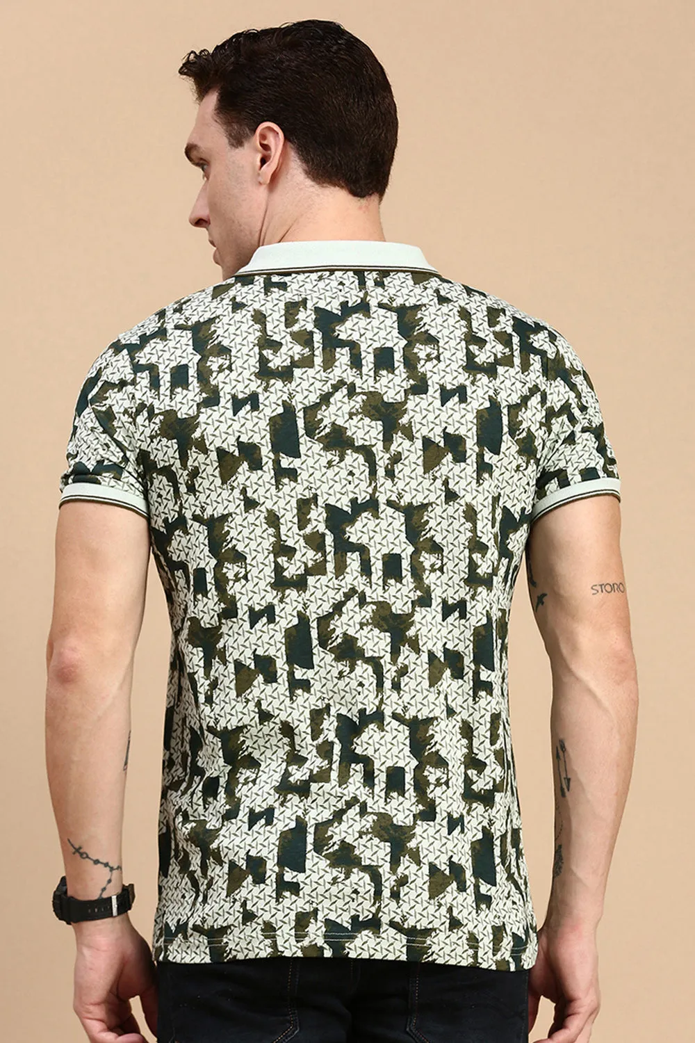 Classic Polo Men's Half Sleeve Green Polo Neck Slim Fit All Over Print T-Shirt | BELLO - 307 B SF P