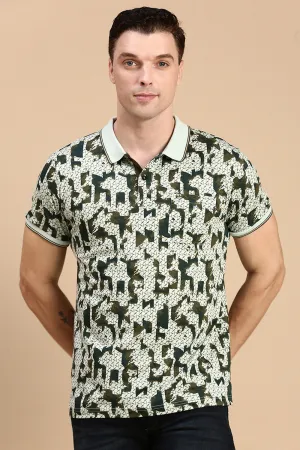 Classic Polo Men's Half Sleeve Green Polo Neck Slim Fit All Over Print T-Shirt | BELLO - 307 B SF P