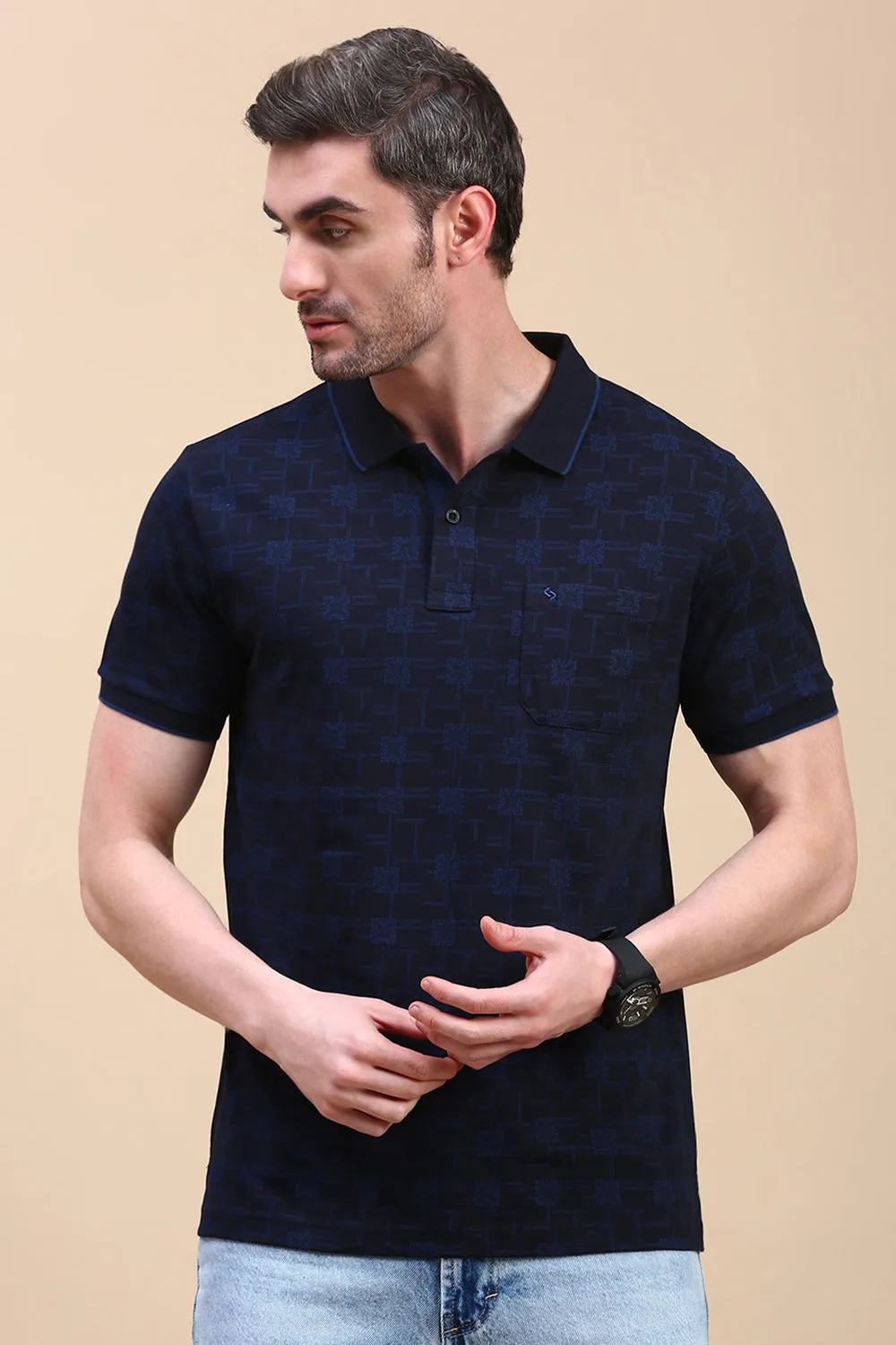 Classic Polo Men's Half Sleeve Navy Blue Polo Neck Slim Fit All Over Print T-Shirt | BELLO - 324 B SF P