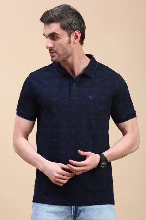 Classic Polo Men's Half Sleeve Navy Blue Polo Neck Slim Fit All Over Print T-Shirt | BELLO - 324 B SF P