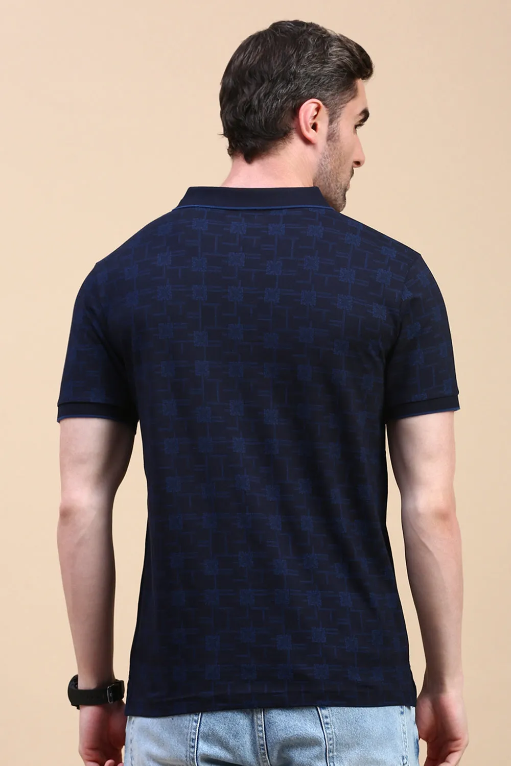 Classic Polo Men's Half Sleeve Navy Blue Polo Neck Slim Fit All Over Print T-Shirt | BELLO - 324 B SF P