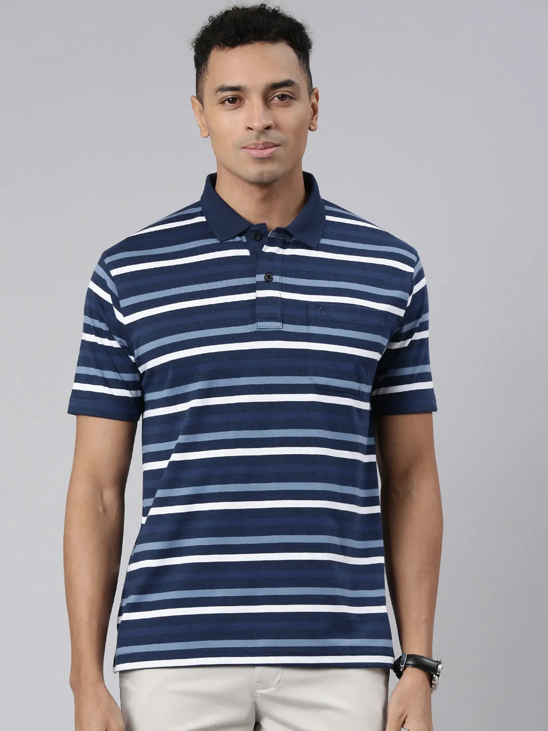 Classic Polo Men's Half Sleeve Navy/White Polo Neck Cotton Blend Authentic Fit T-Shirt | AVON - 575 A AF P