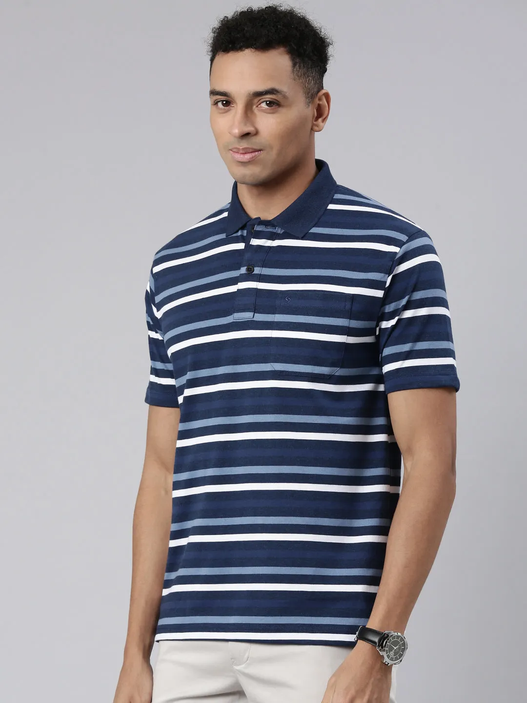 Classic Polo Men's Half Sleeve Navy/White Polo Neck Cotton Blend Authentic Fit T-Shirt | AVON - 575 A AF P