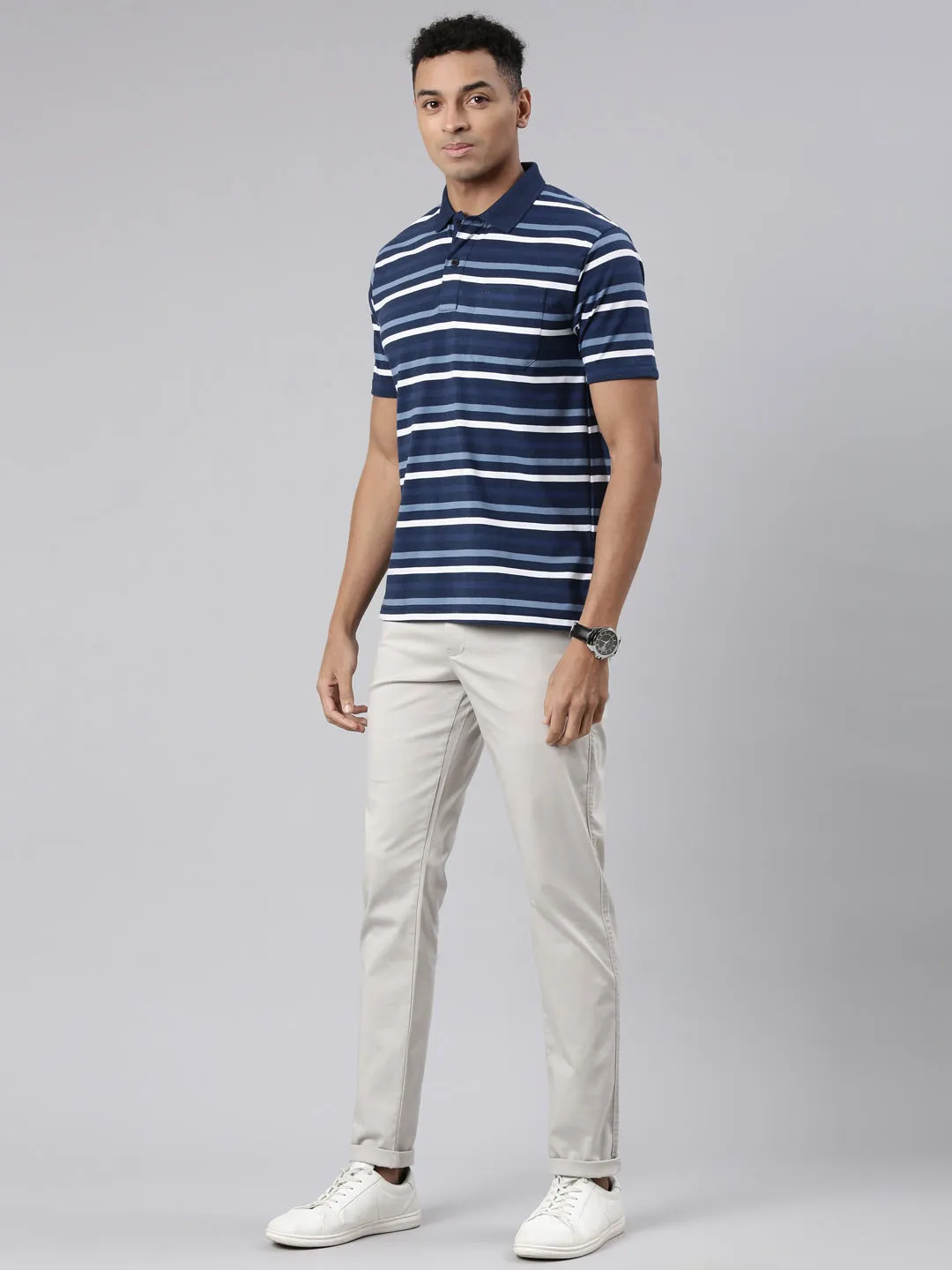 Classic Polo Men's Half Sleeve Navy/White Polo Neck Cotton Blend Authentic Fit T-Shirt | AVON - 575 A AF P