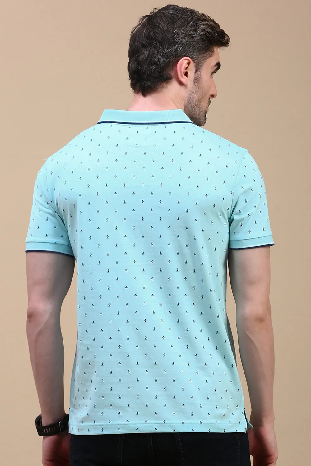 Classic Polo Men's Half Sleeve Teal Blue Polo Neck Slim Fit All Over Print T-Shirt | BELLO - 311 B SF P
