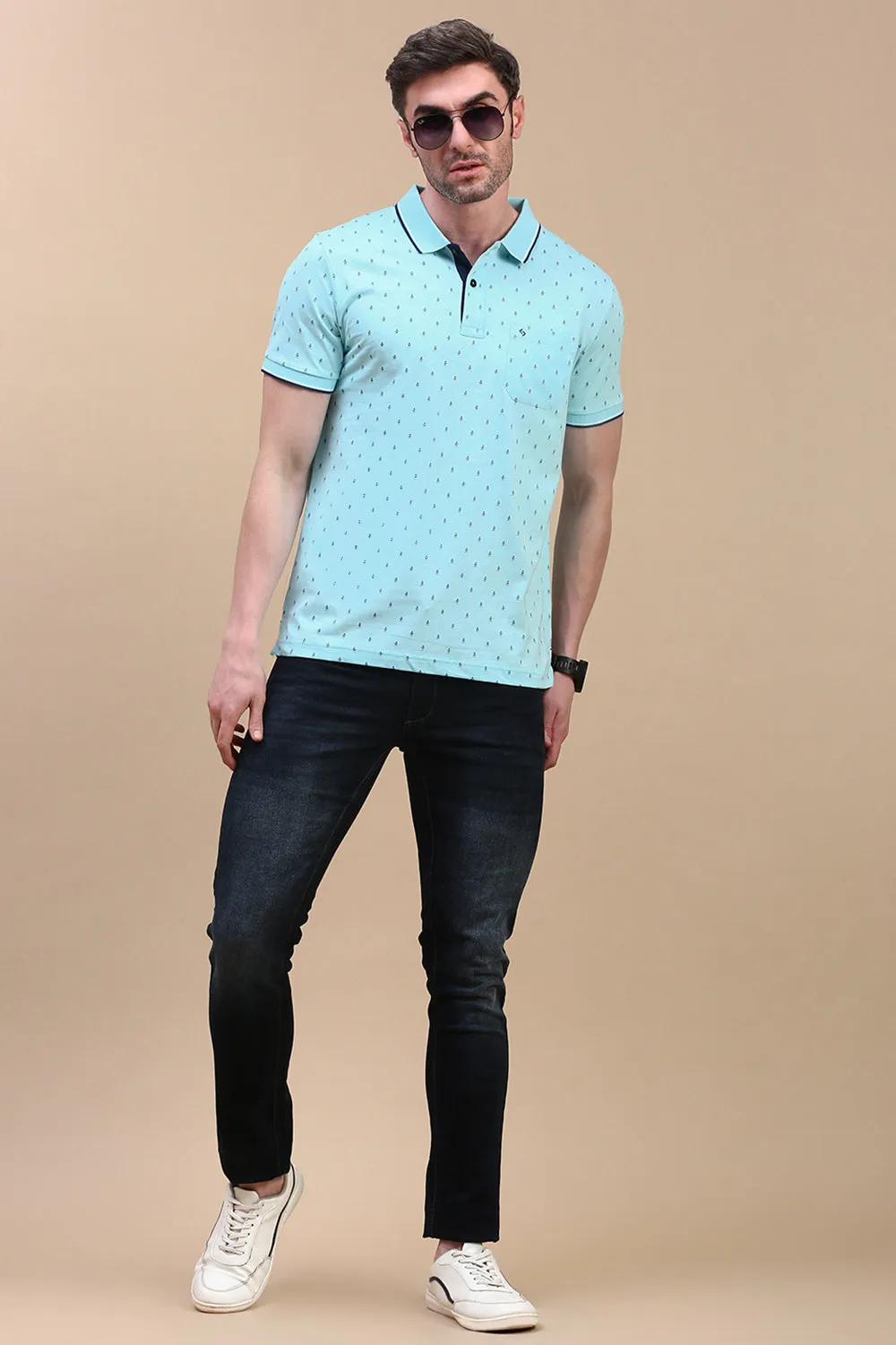 Classic Polo Men's Half Sleeve Teal Blue Polo Neck Slim Fit All Over Print T-Shirt | BELLO - 311 B SF P