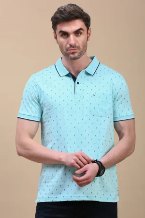 Classic Polo Men's Half Sleeve Teal Blue Polo Neck Slim Fit All Over Print T-Shirt | BELLO - 311 B SF P