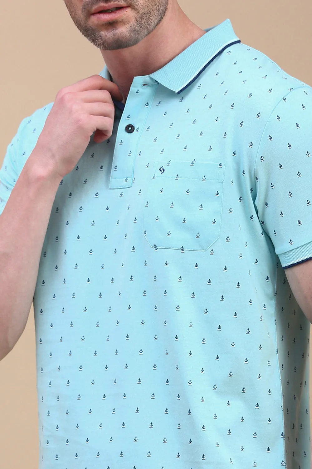 Classic Polo Men's Half Sleeve Teal Blue Polo Neck Slim Fit All Over Print T-Shirt | BELLO - 311 B SF P