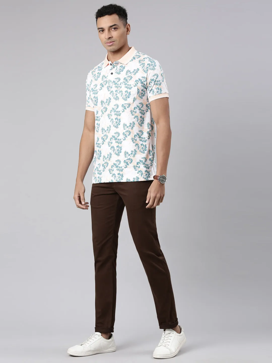 Classic Polo Men's Half Sleeve White/Blue Polo Neck Cotton Blend Slim Fit T-Shirt | BELLO - 302 A SF P