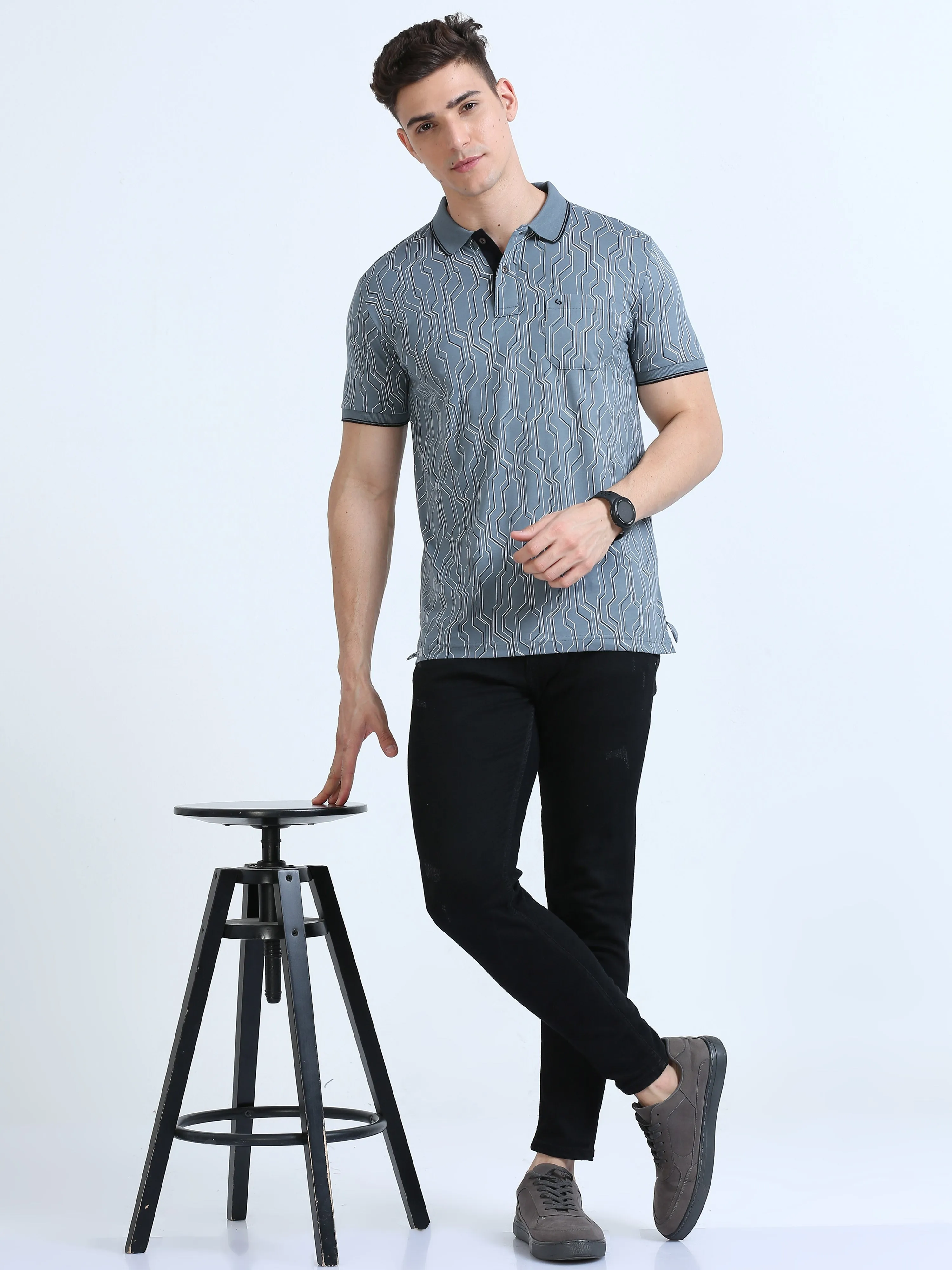 Classic Polo Men's Polo Neck Cotton Blue Slim Fit Printed T-Shirt | BELLO-235 B SF P