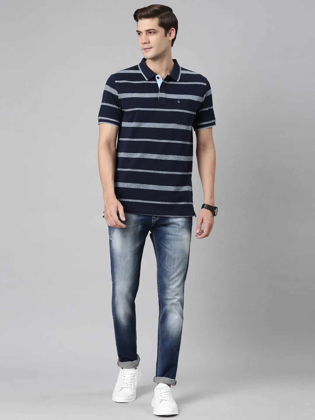 Classic Polo Men's Polo Neck Cotton Navy Blue Slim Fit Striped T-Shirt | ADORE-219 A SF P