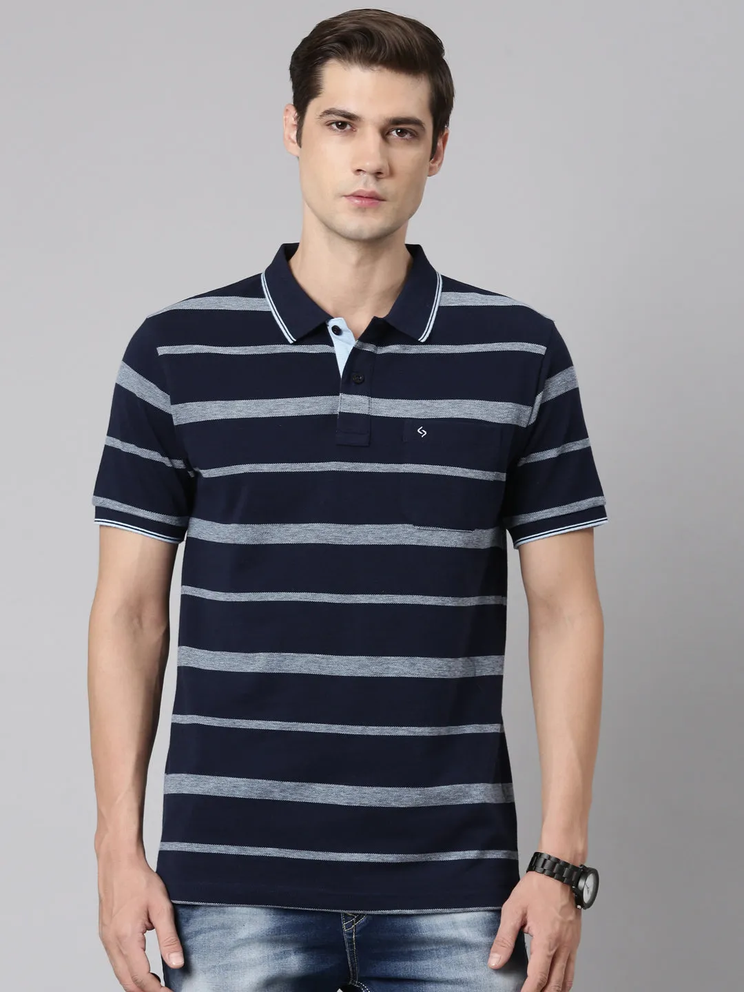 Classic Polo Men's Polo Neck Cotton Navy Blue Slim Fit Striped T-Shirt | ADORE-219 A SF P
