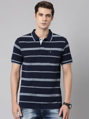 Classic Polo Men's Polo Neck Cotton Navy Blue Slim Fit Striped T-Shirt | ADORE-219 A SF P