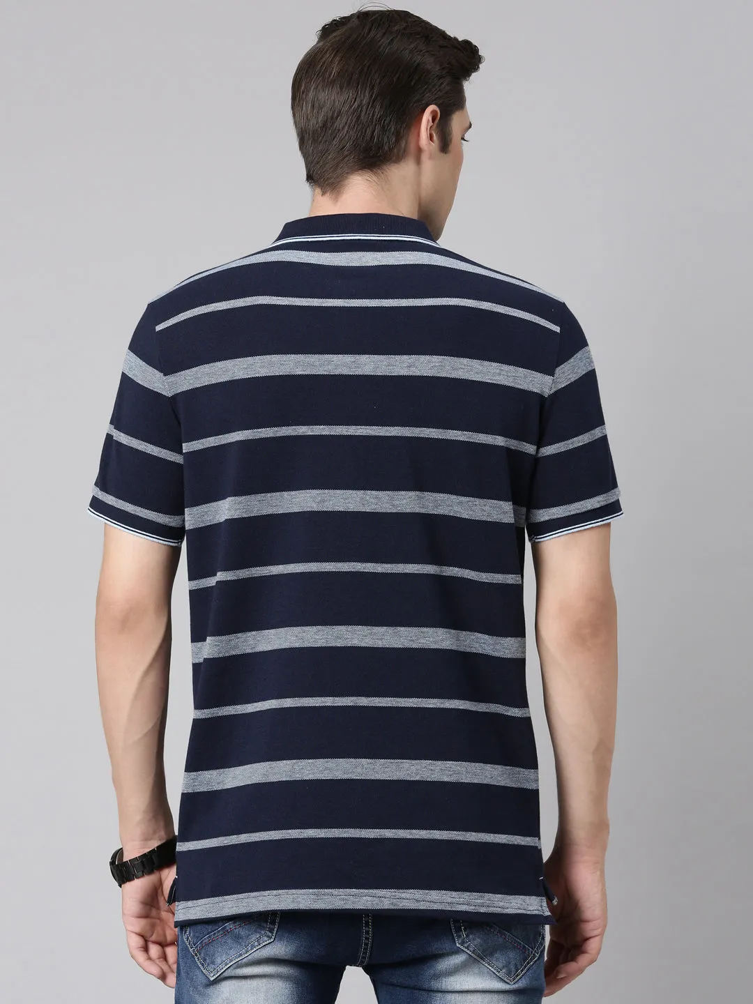Classic Polo Men's Polo Neck Cotton Navy Blue Slim Fit Striped T-Shirt | ADORE-219 A SF P