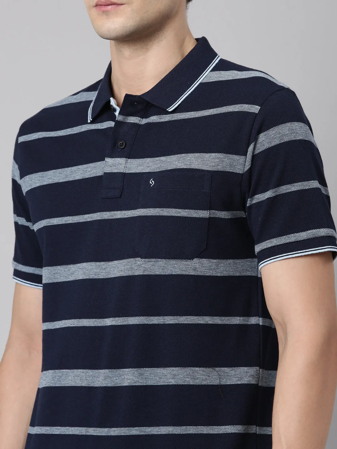 Classic Polo Men's Polo Neck Cotton Navy Blue Slim Fit Striped T-Shirt | ADORE-219 A SF P