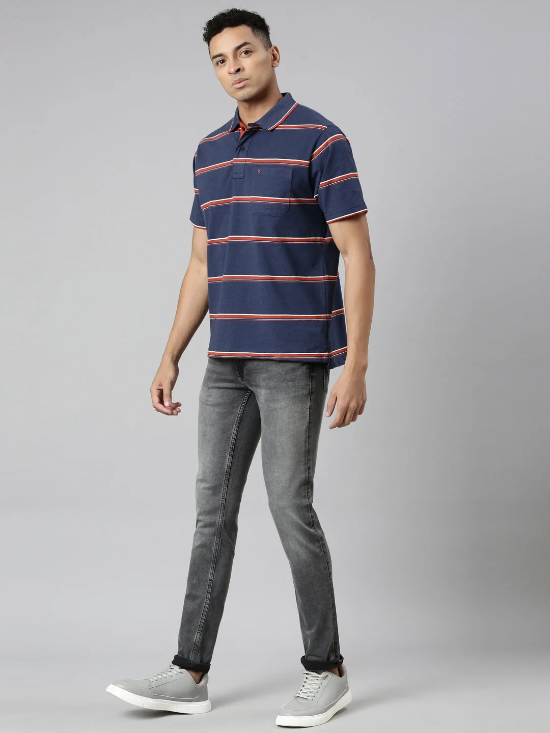 Classic Polo Men's Polo Neck Cotton Navy/Grey Authentic Fit Striped T-Shirt | MEL-254 A AF P