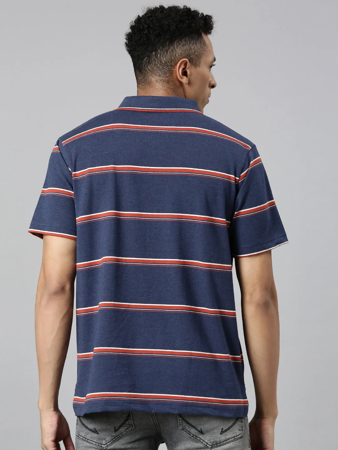 Classic Polo Men's Polo Neck Cotton Navy/Grey Authentic Fit Striped T-Shirt | MEL-254 A AF P