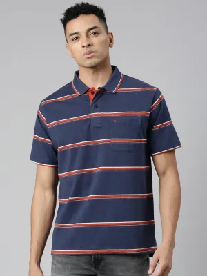 Classic Polo Men's Polo Neck Cotton Navy/Grey Authentic Fit Striped T-Shirt | MEL-254 A AF P