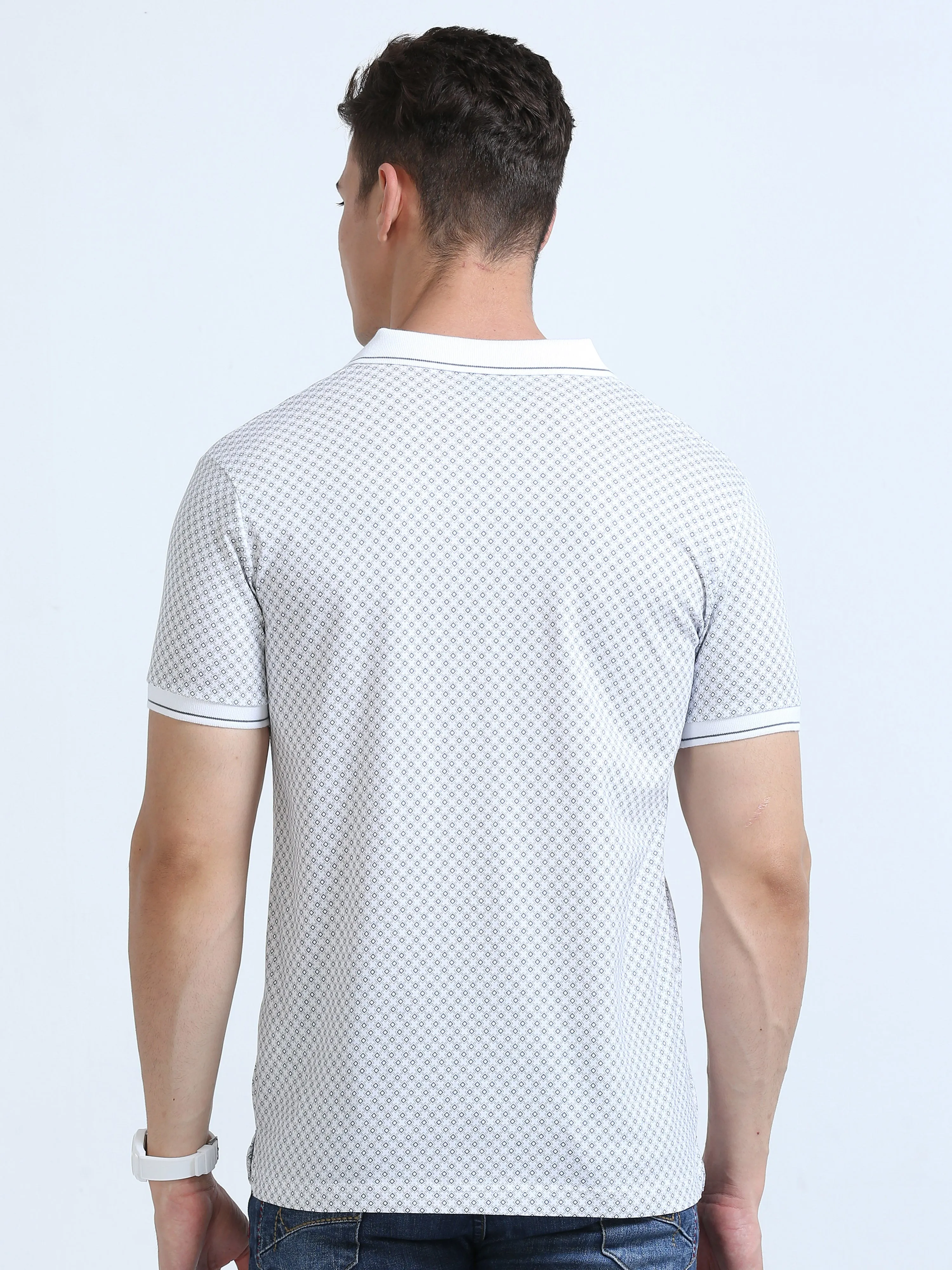 Classic Polo Men's Polo Neck Cotton White/Grey Slim Fit Printed T-Shirt | BELLO-267 B SF P