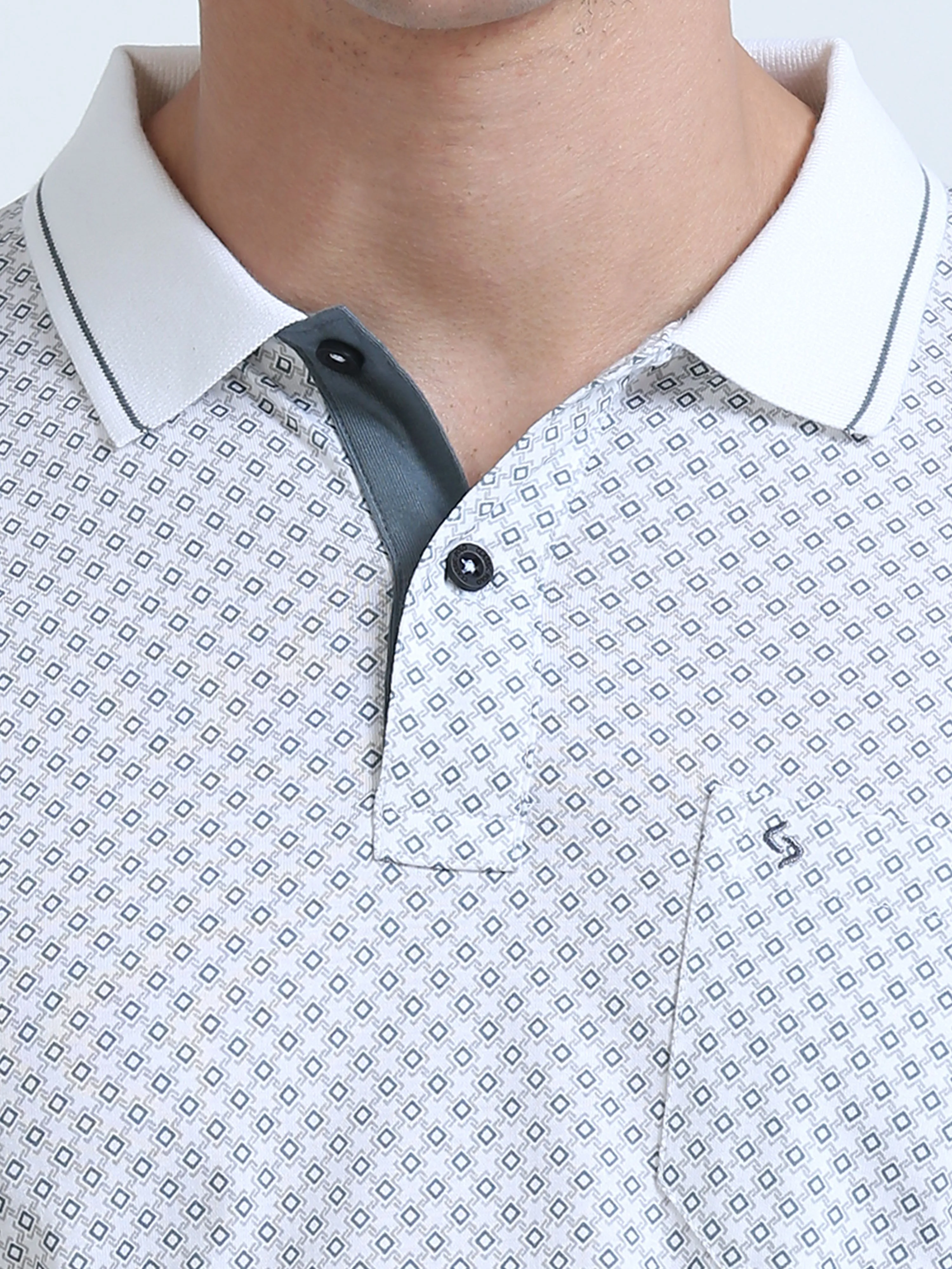 Classic Polo Men's Polo Neck Cotton White/Grey Slim Fit Printed T-Shirt | BELLO-267 B SF P