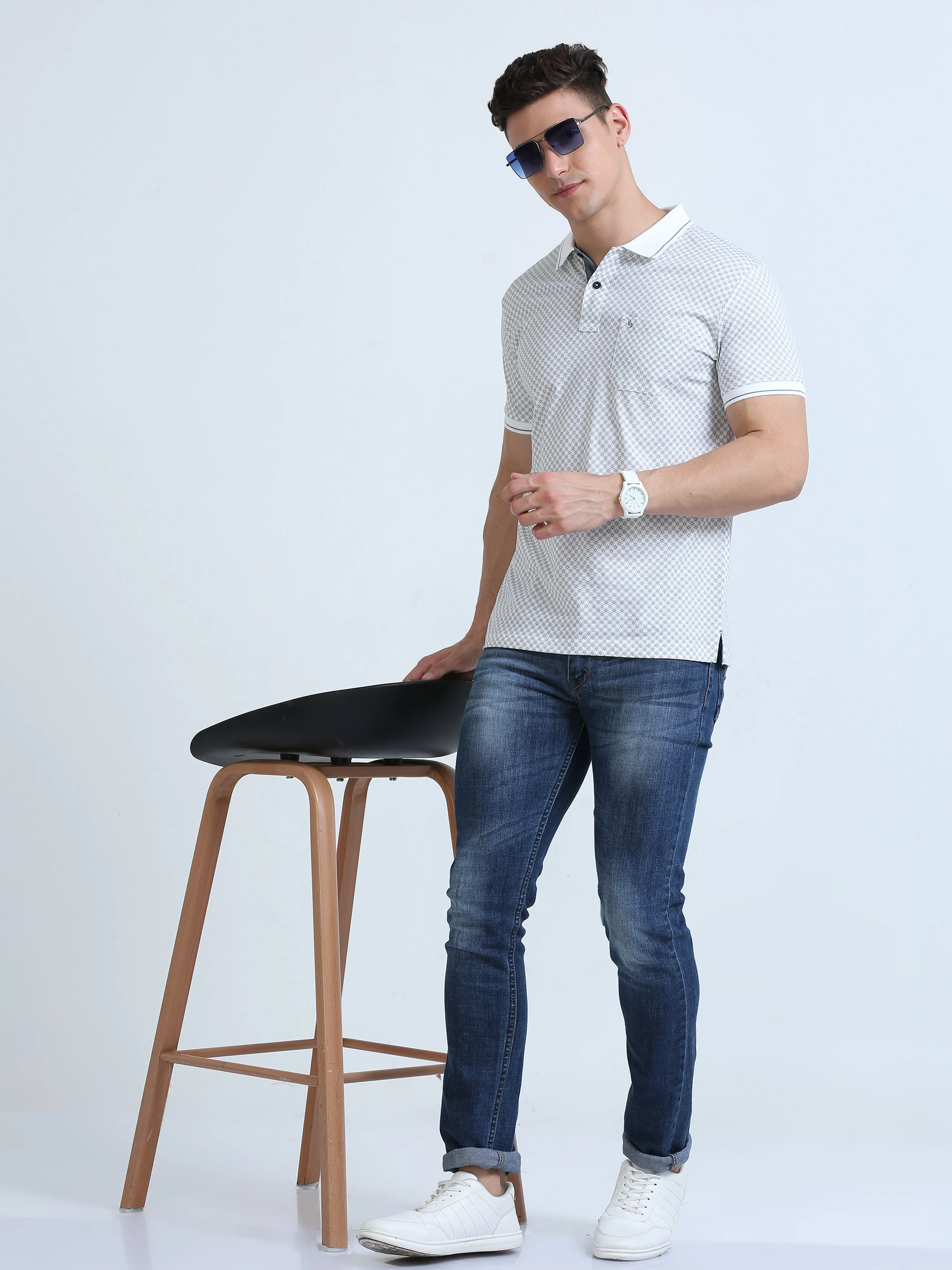 Classic Polo Men's Polo Neck Cotton White/Grey Slim Fit Printed T-Shirt | BELLO-267 B SF P