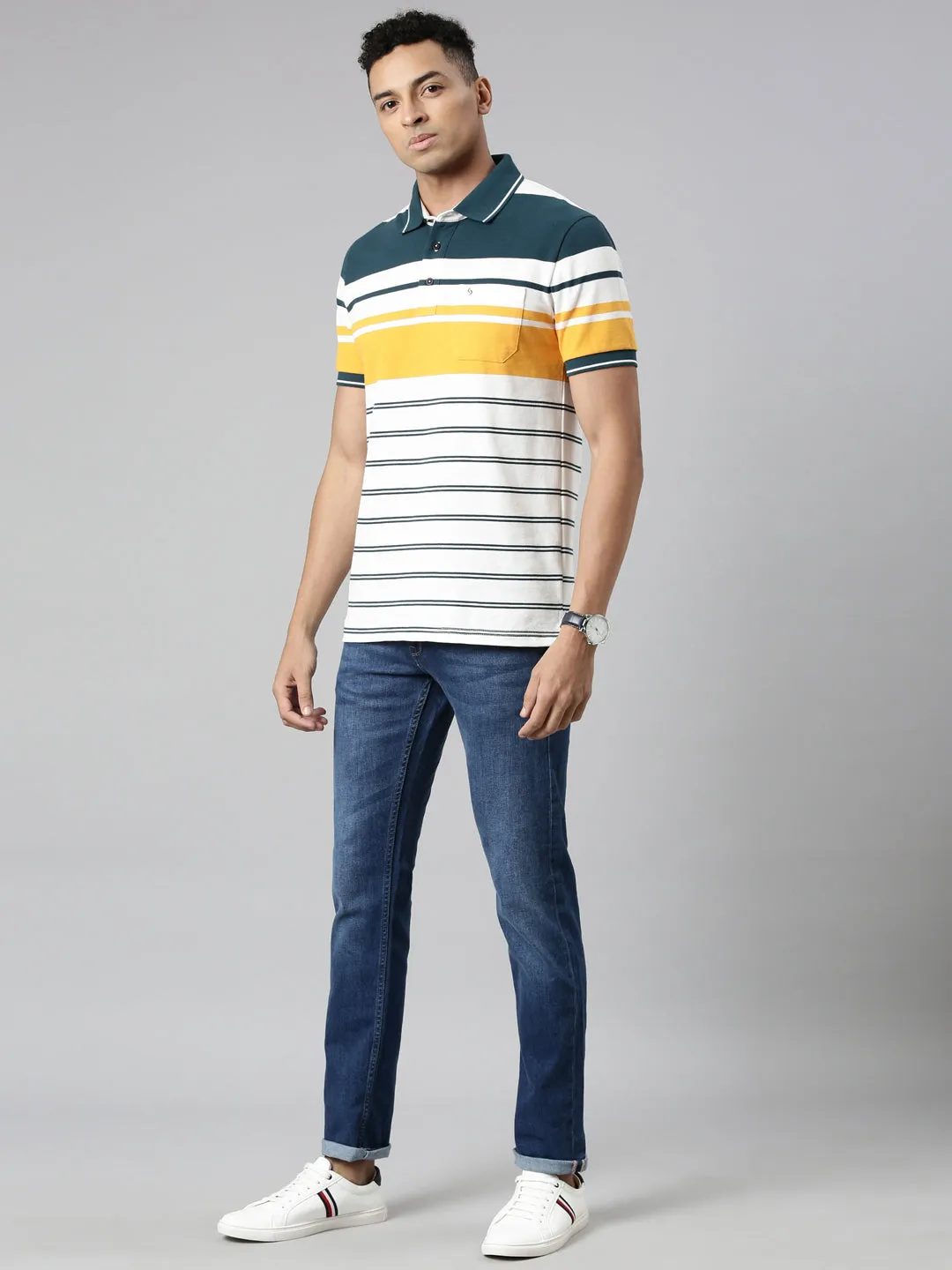 Classic Polo Men's Polo Neck Cotton White/Navy Slim Fit Striped T-Shirt | VTA-270 B SF P