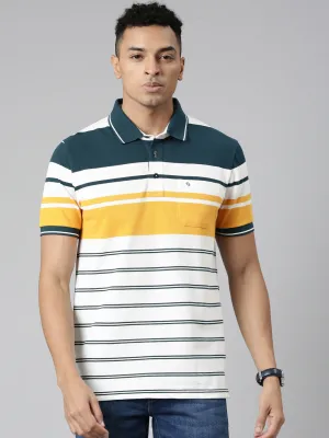 Classic Polo Men's Polo Neck Cotton White/Navy Slim Fit Striped T-Shirt | VTA-270 B SF P