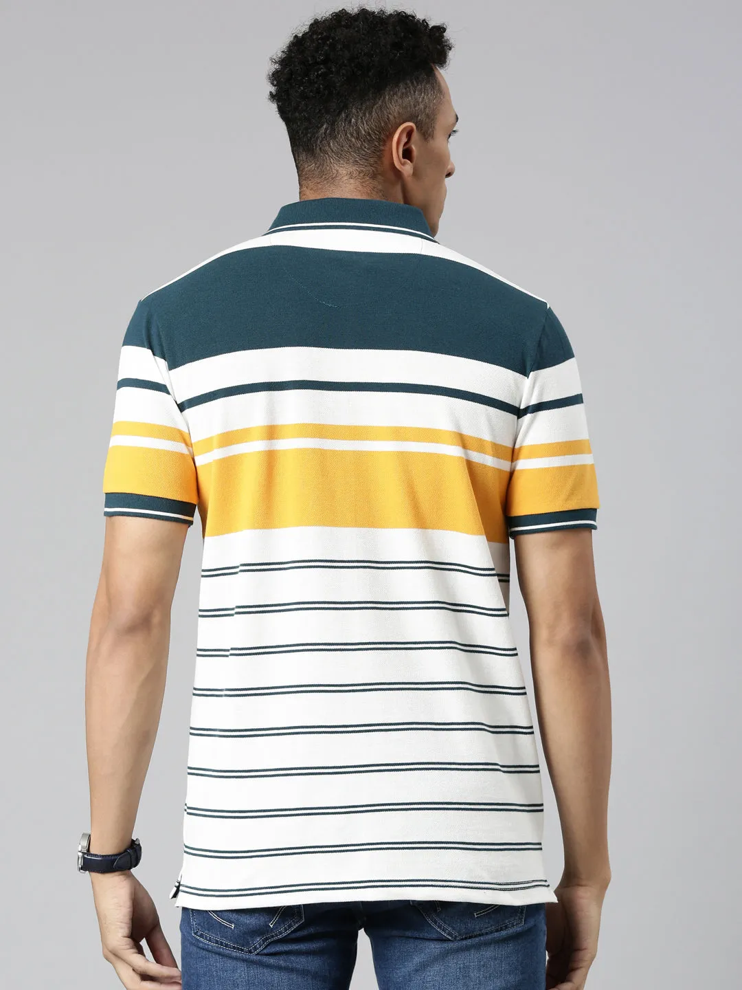 Classic Polo Men's Polo Neck Cotton White/Navy Slim Fit Striped T-Shirt | VTA-270 B SF P
