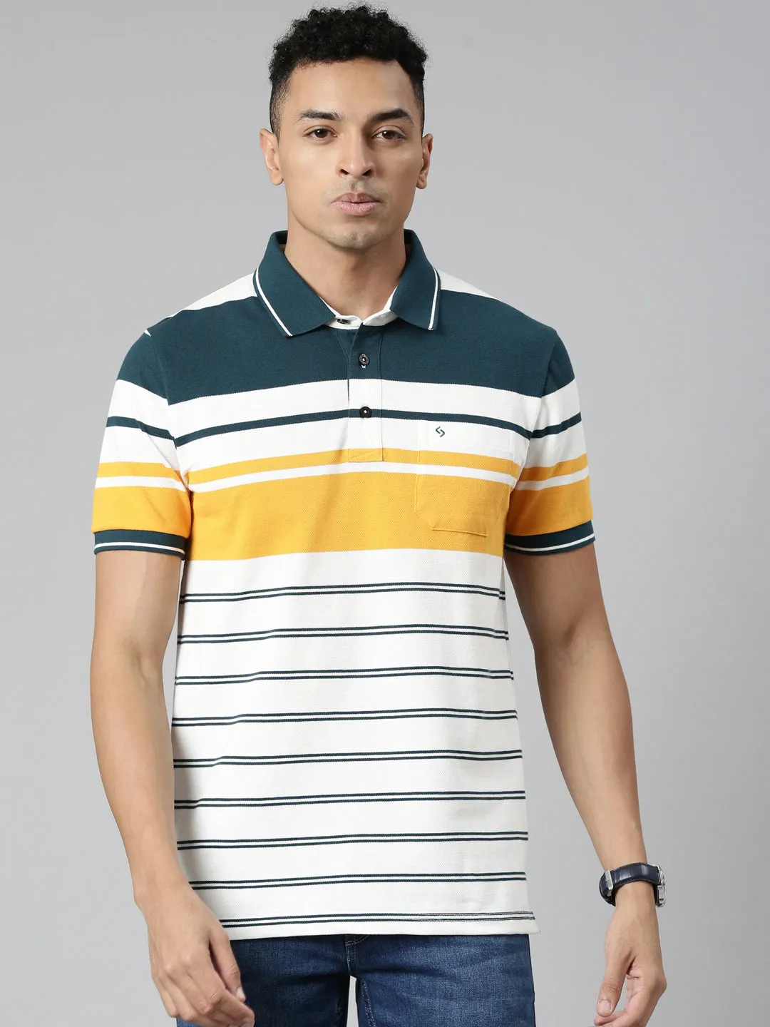 Classic Polo Men's Polo Neck Cotton White/Navy Slim Fit Striped T-Shirt | VTA-270 B SF P