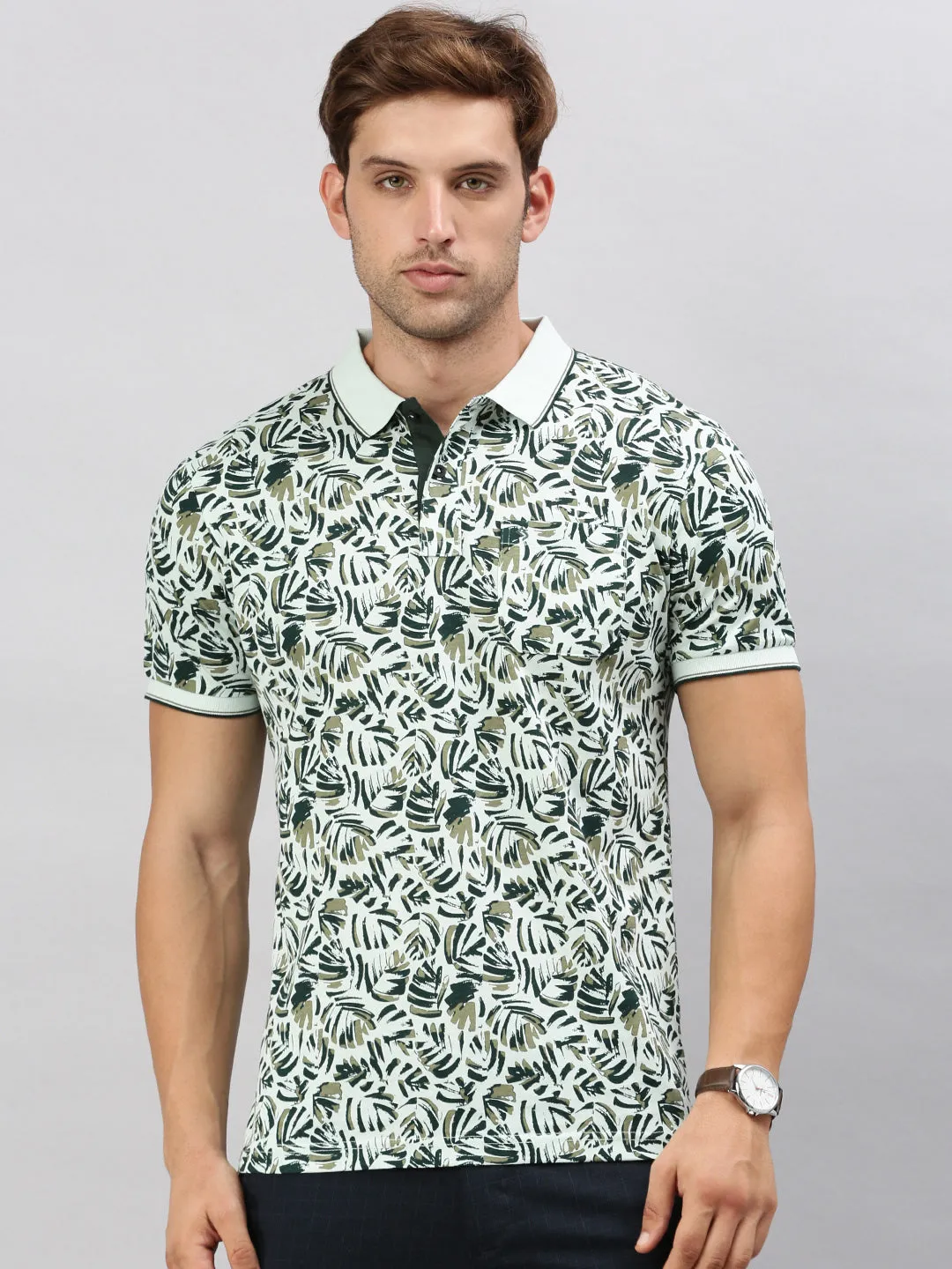 Classic Polo Men's Printed Green Cotton Slim Fit Half Sleeve T-Shirt | BELLO - 296 B SF P