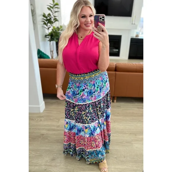 Colorful Mixed Flower Patchwork Print Smocked Waist Tiered Maxi Skirt