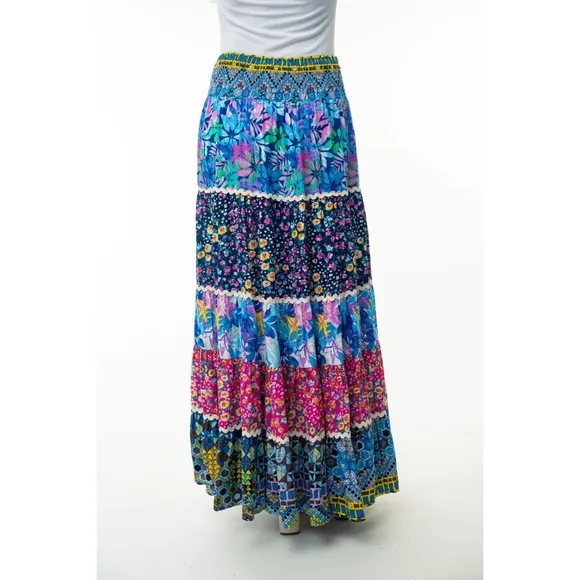 Colorful Mixed Flower Patchwork Print Smocked Waist Tiered Maxi Skirt