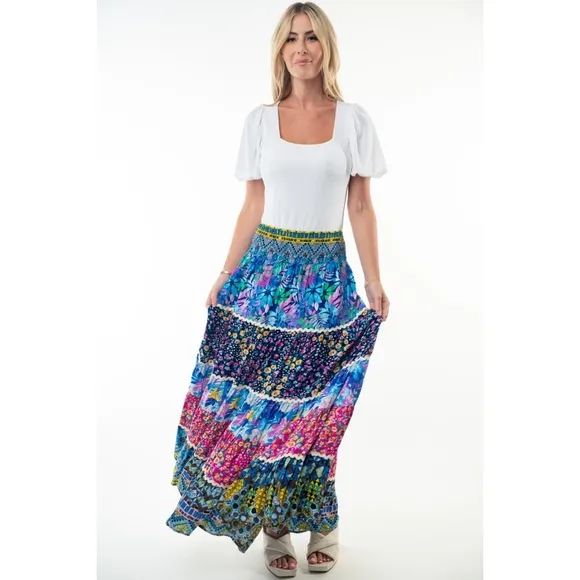 Colorful Mixed Flower Patchwork Print Smocked Waist Tiered Maxi Skirt