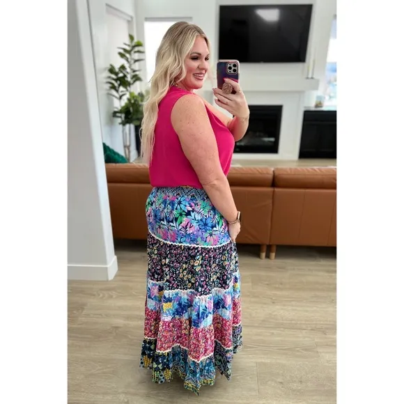 Colorful Mixed Flower Patchwork Print Smocked Waist Tiered Maxi Skirt