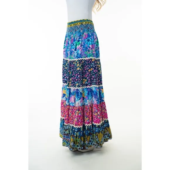 Colorful Mixed Flower Patchwork Print Smocked Waist Tiered Maxi Skirt