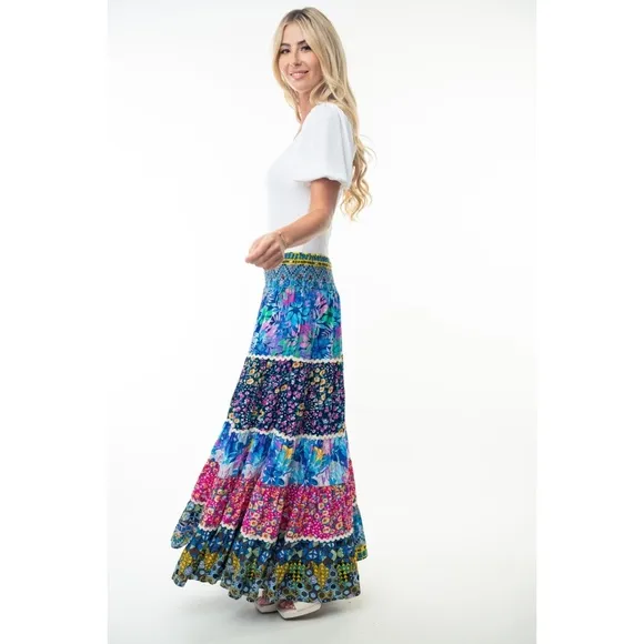 Colorful Mixed Flower Patchwork Print Smocked Waist Tiered Maxi Skirt