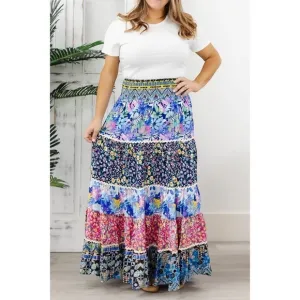 Colorful Mixed Flower Patchwork Print Smocked Waist Tiered Maxi Skirt