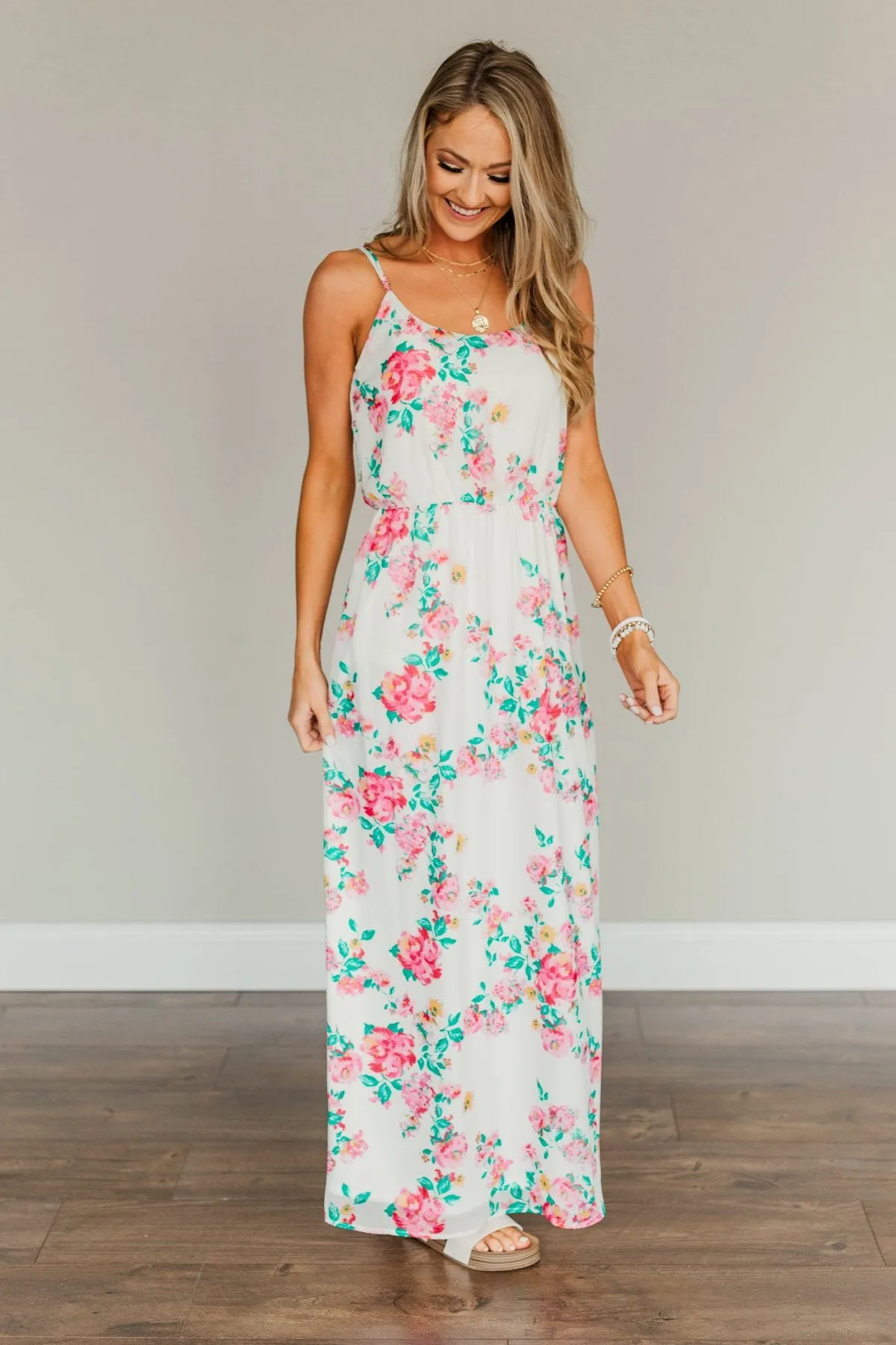 Committing To Forever Floral Maxi Dress- Ivory & Pink